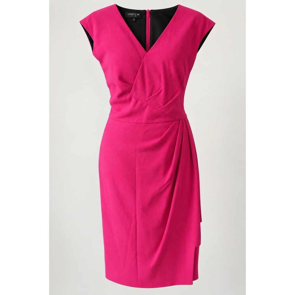 Lafayette 148 New York Dress 12 Fuchsia Pink Wool Ruched Faux Wrap Sheath